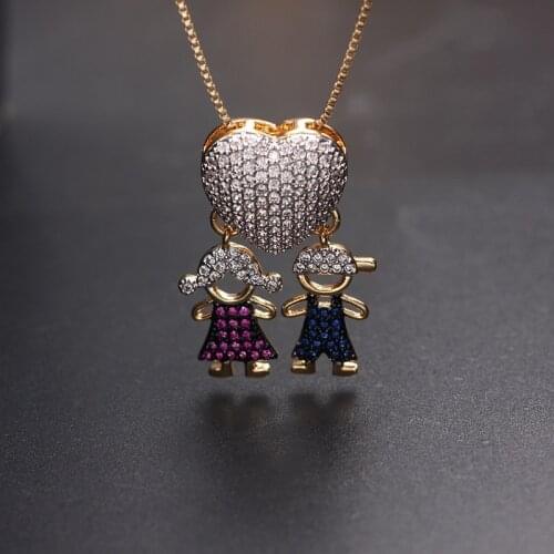 Luxury Heart Shape Red Girl Blue Boy Kids Pendant Necklace Gold color chain Full Pave Cubic Zirconia Kids Family fashion Jewelry