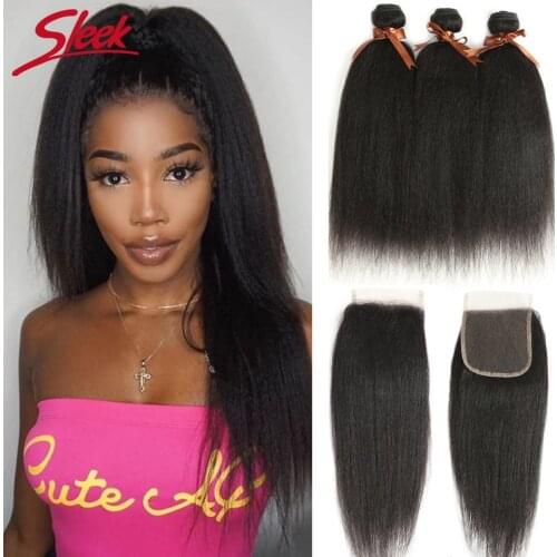 Sleek Brazilian Yaki Straight Hair Bundles With Closure Non Remy Hair 3 4 Bundles With Closure Yaki Straight With Closure