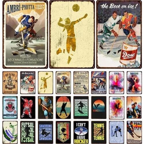 Sports Athlete Metal Signs Volleyball Dance Yoga Ice Hockey Rugby Retro Tin Sign Shabby Plaques Gym Club Wall Plate Poster Decor