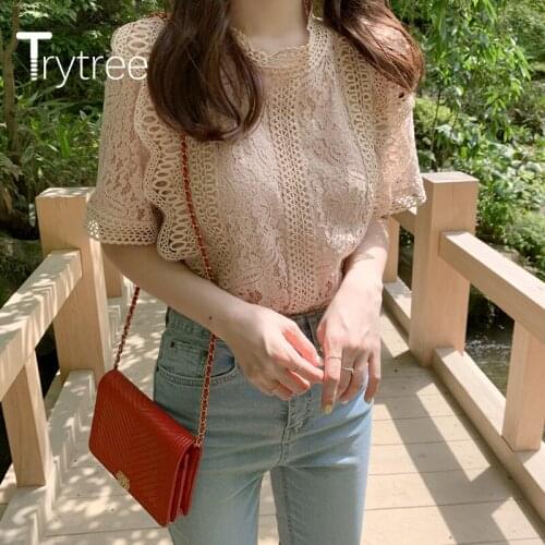 Trytree 2020 Summer Sling Blouse Women Casual Solid O-neck 4 Solid Hollow Out Lace Fashion Slim fit All-Purpose Blouse Tops