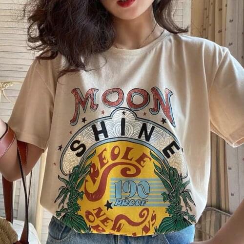 Calelinka Moon Shine Vintage Printed Ladies Short Sleeve Cotton Tops Plus Size Loose Graphic Tees Round Neck Aesthetic tShirt