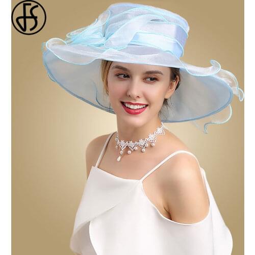 FS Organza Wedding Hats For Women Elegant Ladies Church Fedora Wide Brim Sun Hats Big Flowers Derby Fedoras Vintage Flat Top Hat