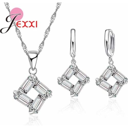 Women Geometric Pendants Necklaces Earring Set Jewelry Austrian Crystal Wedding Engagement Silver Bridal Sets