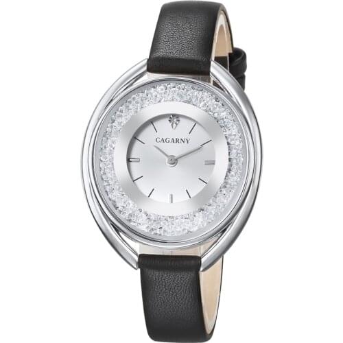 Cagarny Womens Crystalline Quartz Watches Luxury Brand Vogue Leather Fashion Ladies Watch Female Bling Crystal reloj mujer Gift