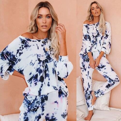 2pcs Women Autumn Casual tie-dye Loose Pajama Set Sexy T shirts Top Pants Set Night Sleepwear Homewear Two Piece Set Outfits