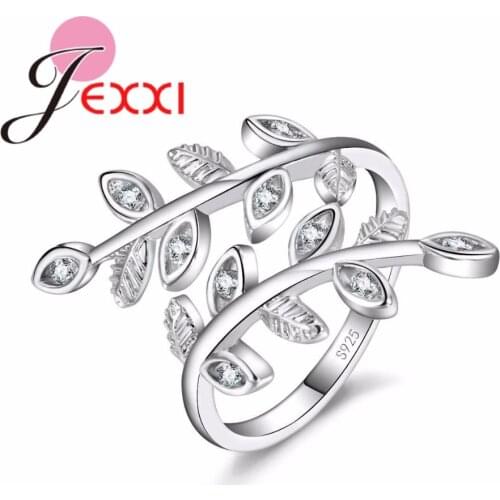 Fashion Tree Leaf 925 Sterling Silver Cubic Zircon Adjustable Wedding Rings Jewelry Gifts Women Opening Ring Accessory