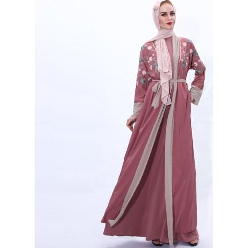 2021 Ramadan Eid New Embroidery Open Abaya Muslim Fashion Lace Up Chiffon Maxi Dress For Women Dubai Turkey Islam Robe Y1252