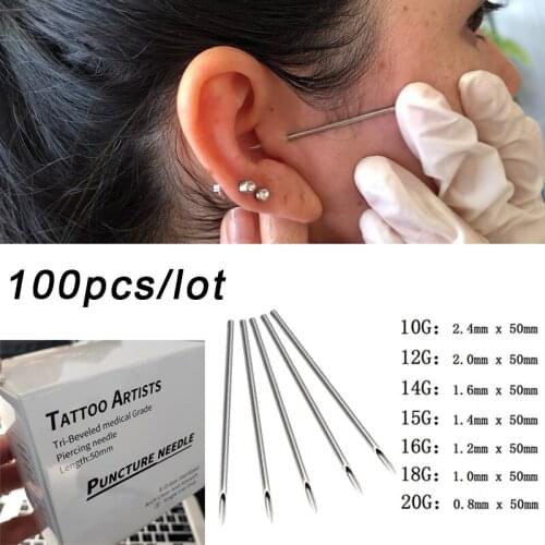 100pcs Disposable Sterilized Body Piercing Needles Surgical Steel Tattoo Medical Ear Navel Nipple Lip Nose Ring Tools Kit 10-20G