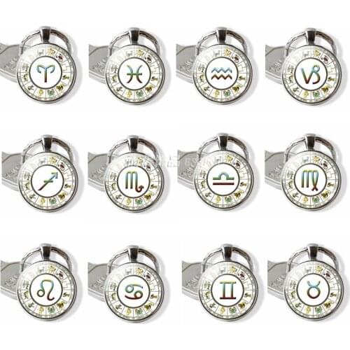 12 Constellation Zodiac Sign Jewelry Aquarius Pisces Aries Taurus Key Chain Ring Keyring Glass Cabochon Keychain Birthday Gift