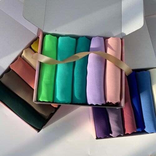 5pc/box Fashion Plain Crepe HIjab Heavy Chiffon Scarf Soft Shawls Muslim Crinkle Wraps Headband Customize Gift Box Foulard