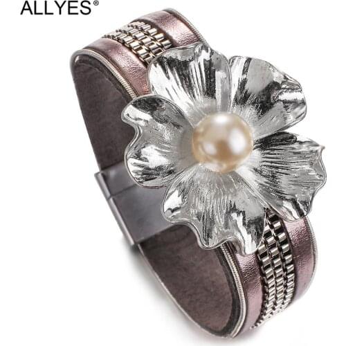 ALLYES Metal Flowers Charms Pearl Leather Bracelets for Women Boho Layered Chain Wrap Bracelet Casual Jewelry