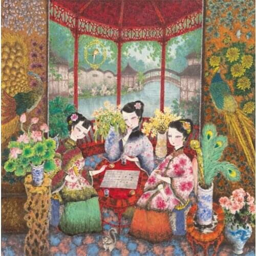 Free shipping classical Chinese woman playing chess oil painting canvas painting prints on canvas wall art decoration picture