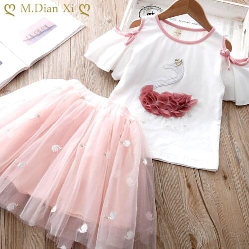 Children Unicorn Suit 2020 Summer Wear Girls Set Leaky Shoulder Short Sleeve T Shirt + Yarn Tutu Skirt Twinset Baby Clothes