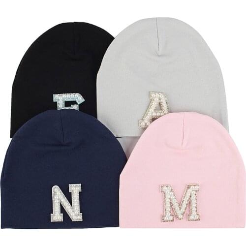 Children Soft Elastic Cotton Beanies With Pearl Rhinestones Solid Color Windproof Hat Toddler Infant Fashion Casual Skullies Hat
