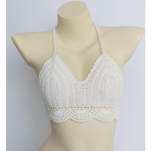 Women Plus Size Sexy Bikinis Crochet Push Up Bra Black White Bikini Top Boho Beach Bralette Solid Halter Knitted Bra