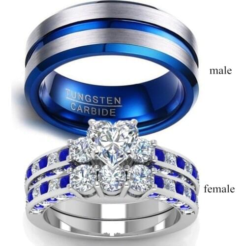 Couple Rings - Mens 8mm Blue Stainless Stee Ring Womens Blue Ring 2.0ct Heart Crystal Bridal Wedding Engagement Jewelry Gift
