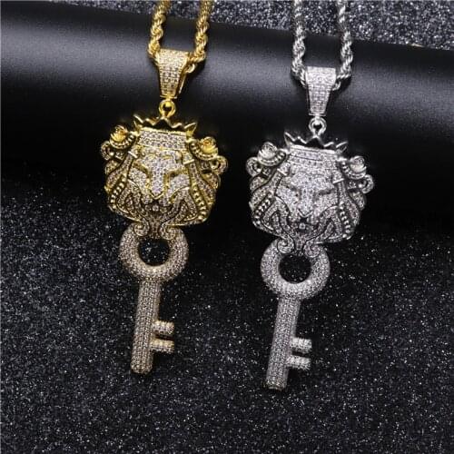 Creative Hip Hop Lion Head Key Pendant Necklace Bling Iced Out CZ Zirocn Fashion Party Jewelry For Men Women Gift