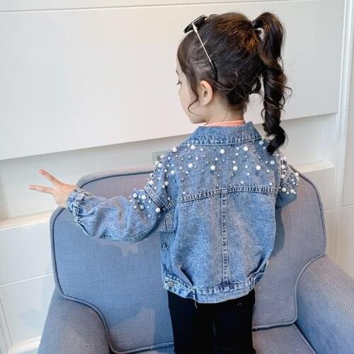 Pearls Beading Denim Jacket For Girls Fashion Coats Children Clothing Autumn Baby Girls Clothes Outerwear Jean Jackets Coat