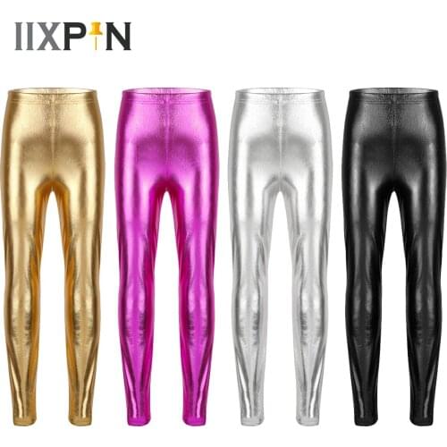 Kids Girls Shiny Metallic Leggings Fashion Solid Skinny Pants for Stage Performances Costumes or Class Dance Competitions