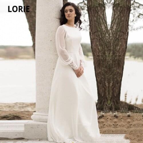 LORIE Beach Wedding Dresses Sexy O-Neck Long Puff Sleeves Chiffon Wedding Gown Simple Open Back Bridal Dress 2021 robe longue