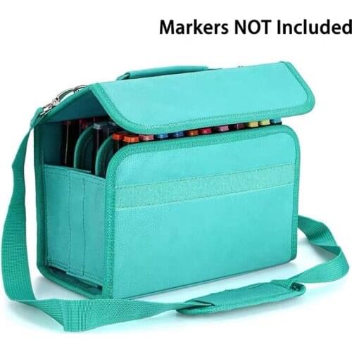 Marker Case 60 Slots Storage Holders Foldable Extendable PU Faux Leather Organizer with Carrying Handle, Shoulder Strap