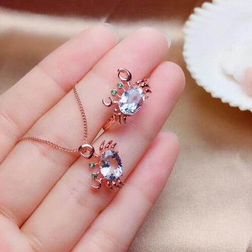 Fashion Elegant Crab Natural blue topaz gem Ring Pendant Natural Aquamarin Jewelry Sets 925 Silver Women party gift fine jewelry