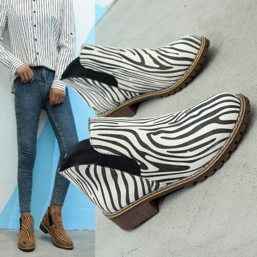 New Round Toe PU Chelsea Boots Thick Heels Ankle Boots for Women Moccasin Boots Roman Slip on Short Boots for Women Shoes Autumn