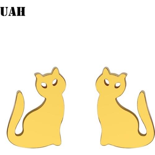 UAH 2019 New Geometric Earrings Cartoon Cat Stud Earrings for Women Stainless Steel Animal Earing Mothers Day Gift