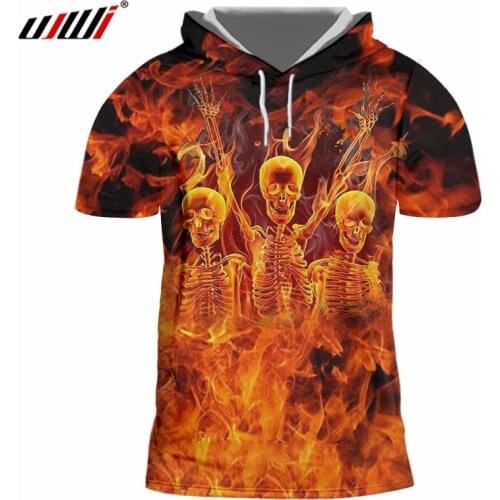 UJWI Summer Loose Sports Man Hooded Tshirt 3D Printed Hip Hop Mens Oversized Hoodies Tee Shirt Funny Dance Flame Skulls