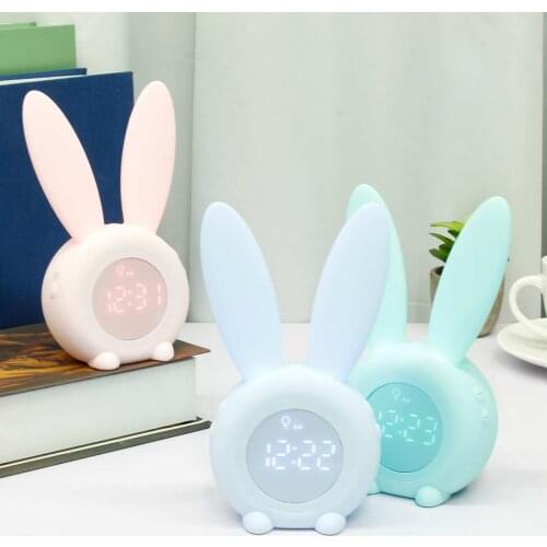 Bunny Ear LED Digital Alarm Clock USB Rabbit Ear Temperature Electronic LED Display Sound Control Bedside Clock with Night Light