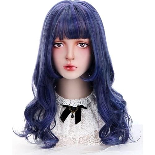 AICKER Long Wavy Synthetic Blue Ombre Black Hair Wigs with Korean Air Bangs for Women Party Lolita Japan Harajuku Cosplay