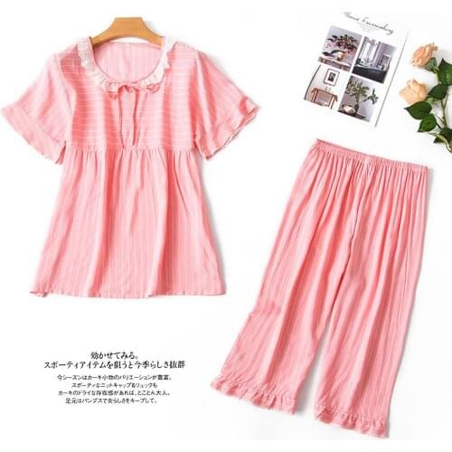 Women summer new pajamas ladies cotton short sleeve cropped trousers round neck pullover set thin pajama sets pajama set