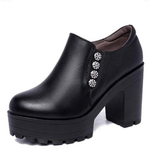 2020 Spring Thick Bottom Non-slip Women High Heel Shoes White Black Shoes Large Size Rhinestone Genuine Leather Shoes Woman New