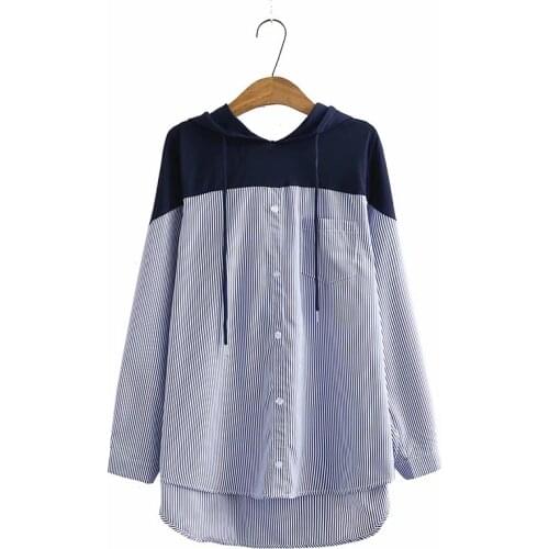 Plus size hooded Patchwork women loose cotton shirts 2021 new spring autumn casual ladies blouse female tops gray sky blue