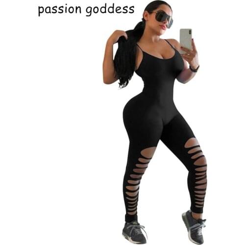 Women Summer Sexy Hole Black Bodycon One Piece Jumpsuit Outfits Sleeveless Spaghetti Strap Solid Slim Overalls Ladies Jump Suits