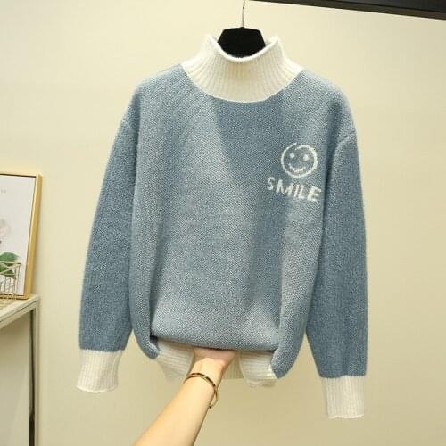 Turtleneck Women Sweater Autumn and Winter Pullover Smiley face pattern Fashion trends Imitated mink fur Warm Knit Sweater
