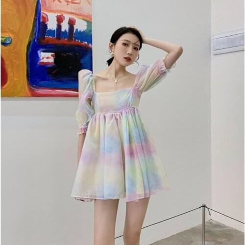Fairy Puff Sleeve Sweet Fashion Designer Party Puffy Dress Summer Women Rainbow Gradient Temperament Elegant Tulle Dress