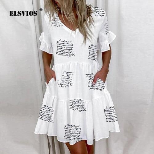 Casual Lotus Sleeve Dress Women Butterfly Flowers Letter Stripe Print A-line Dress Summer 2021 Lady Elegant V-neck Party Dresses