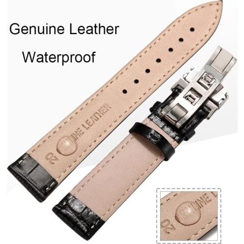 20mm Genuine Leather Black Watchband Brown 22mm Watch Band With Butterfly Steel Buckle Strap Watch Waterproof Wristband Bracelet