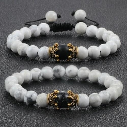 Charm White Bracelet for Men Golden Crown Natural Stone Beaded Bracelets Women Jewelry High Quality Couple Bangles Fashion Gift