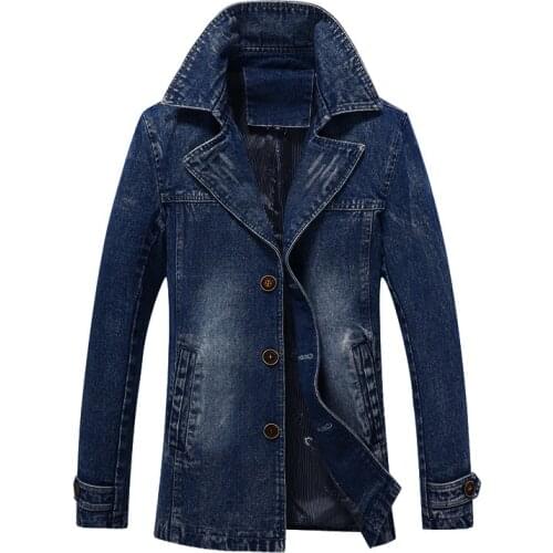 Brand Cotton Black Long Denim Jacket Men Casual Outdoor Windbreaker Blue Slim Fit Lapel Winter Chaqueta Hombre Jeans Coat 2020
