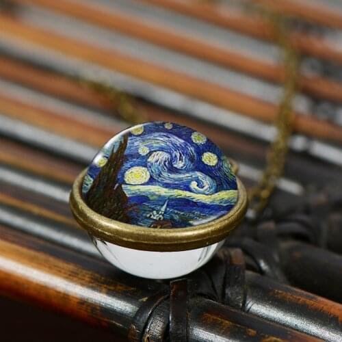 Van Gogh Oil Painting Necklace Starry Night Photo Glass Ball Pendant Bronze Silver Color Chain Necklace For Women Gift