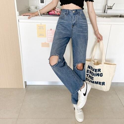 Jeans Denim Cotton Summer Wide Leg Pants 2021 New Straight High-waisted Hole-mopping trousers Casual Loose Jeans Women 093H