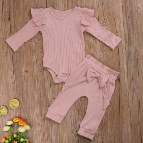Emmababy Newborn Baby Girl Clothes Solid Color Ruffle Long-Sleeves Romper Tops Pants with Bow Tie 2Pcs Outfits Baby Girl Clothes