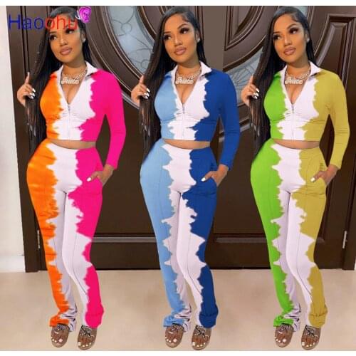 HAOOHU Active Gradient Patchwork Womens Set Zipper Jacket Skinny Pants Matching Set Tracksuit Fitness Two Piece Set Outfit