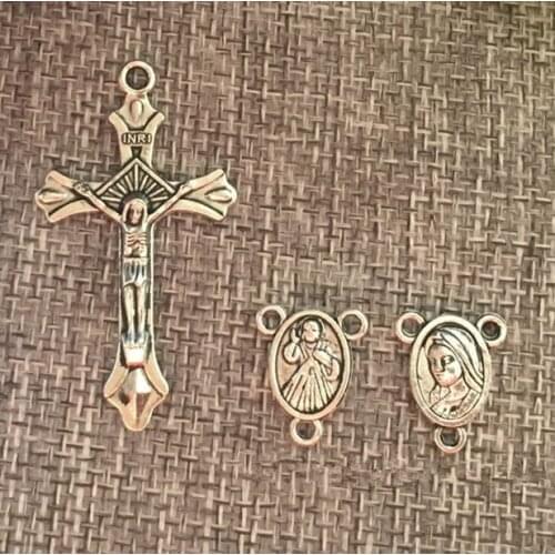 Antique silveralloy rosary cross,rosary part,religious alloy cross and center, jesus crucifix and Divine mercy center