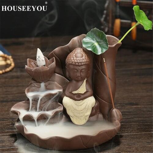 HOUSEEYOU Buddha Monk Sculpture Backflow Incense Burner Stick Incense Holder Home Office Decor Waterfall Aromatherapy Censer