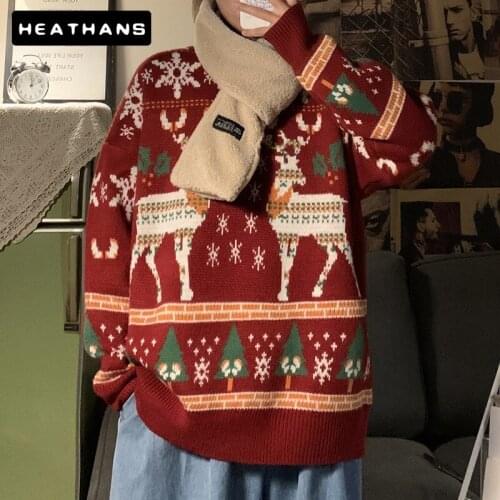 Mens Knitted Pullovers Christmas Sweater Funny Reindeer Printed Christmas Sweatshirt Men Crewneck Sweaters Men Pullovers Tops