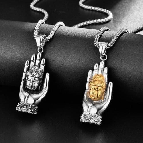 Mens 316L Stainless Steel Necklace Personality Palm Prayer Buddha Pendant Necklace Motorcycle Party Punk Hip Hop Chain Jewelry