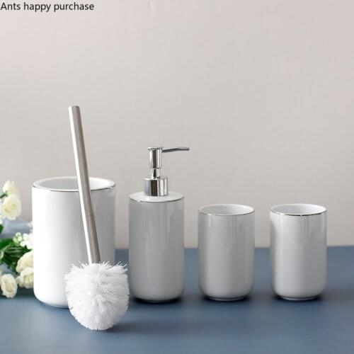 White Bathroom Supplies Ceramics Bathroom Five Piece Set Mouth Cup Lotion Bottle Soap Dish Toilet Brush Home Toiletries Wash Set